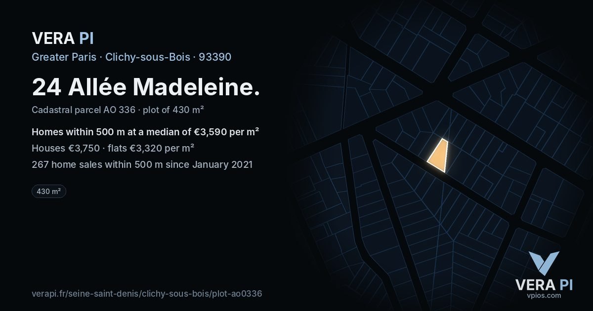 24 Allée Madeleine, Clichy-sous-Bois at night – the plot lit, the parcels around coloured by the prices near them