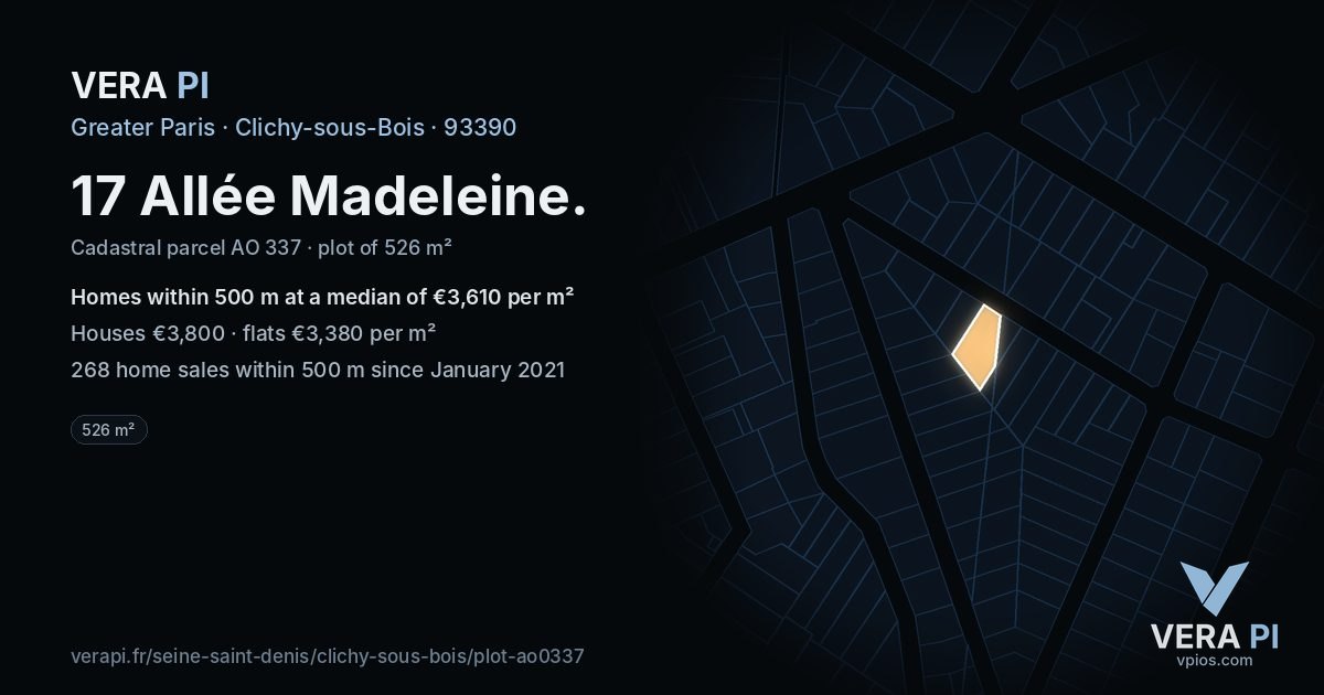 17 Allée Madeleine, Clichy-sous-Bois at night – the plot lit, the parcels around coloured by the prices near them