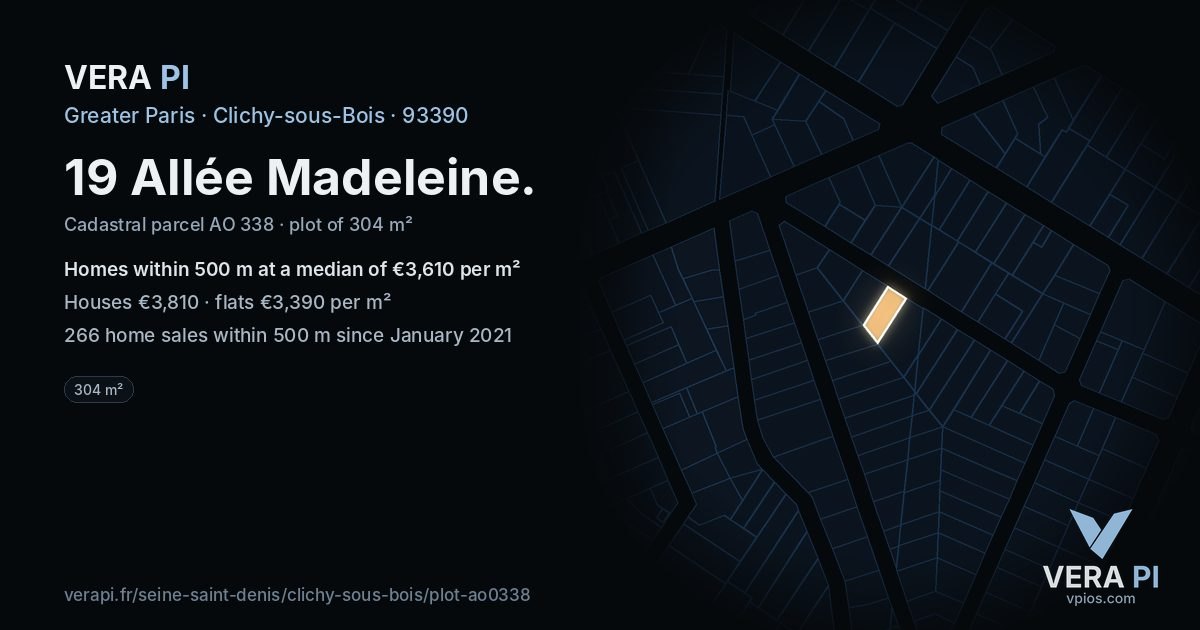 19 Allée Madeleine, Clichy-sous-Bois at night – the plot lit, the parcels around coloured by the prices near them