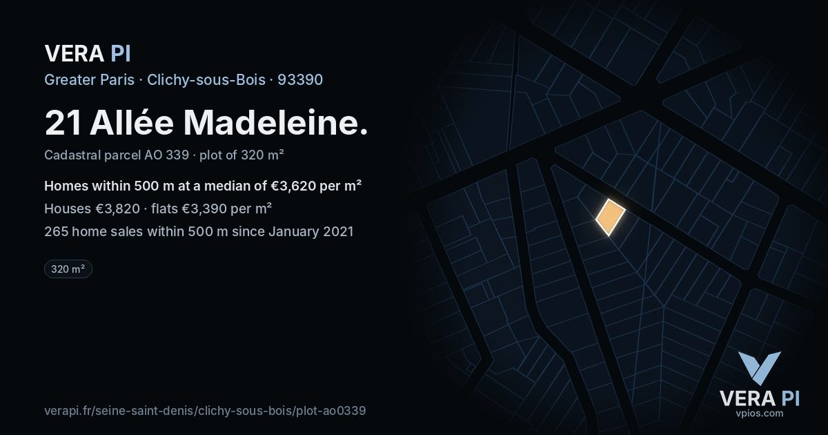 21 Allée Madeleine, Clichy-sous-Bois at night – the plot lit, the parcels around coloured by the prices near them