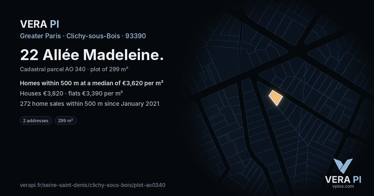 22 Allée Madeleine, Clichy-sous-Bois at night – the plot lit, the parcels around coloured by the prices near them