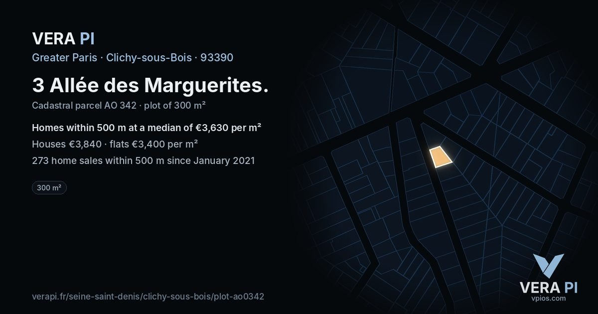 3 Allée des Marguerites, Clichy-sous-Bois at night – the plot lit, the parcels around coloured by the prices near them