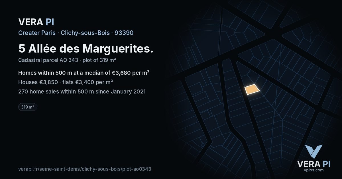 5 Allée des Marguerites, Clichy-sous-Bois at night – the plot lit, the parcels around coloured by the prices near them