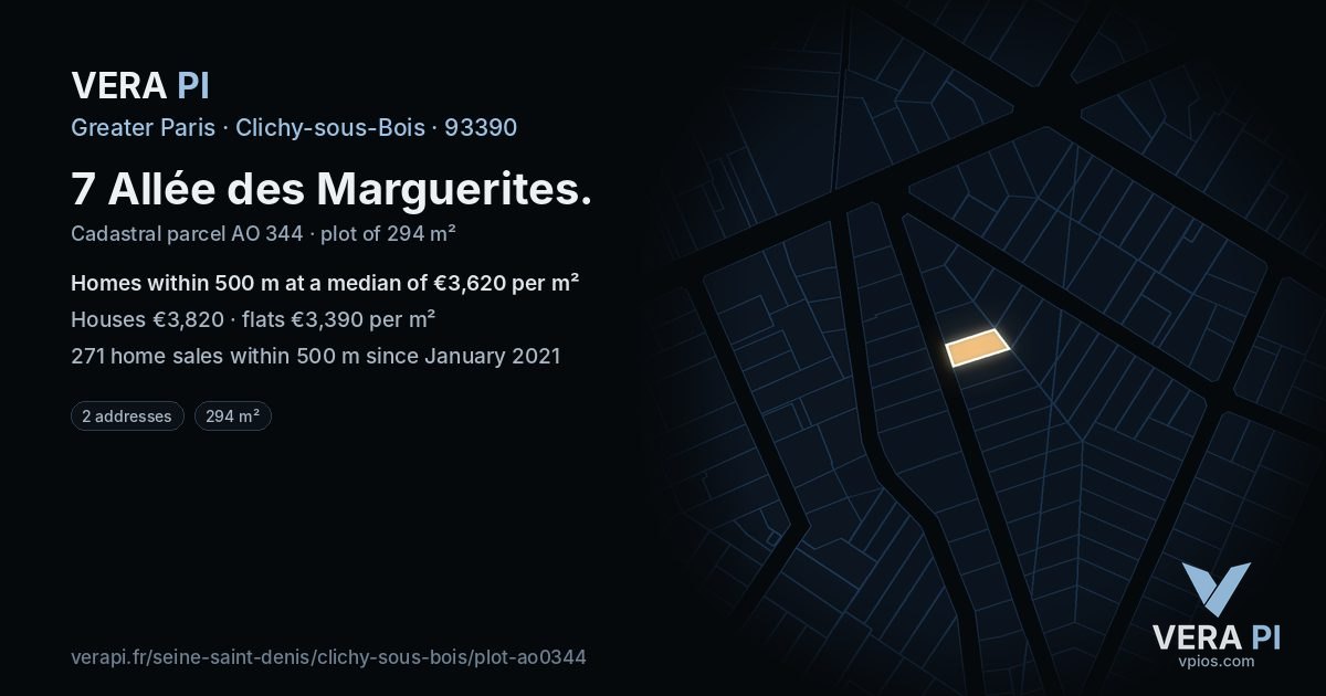 7 Allée des Marguerites, Clichy-sous-Bois at night – the plot lit, the parcels around coloured by the prices near them