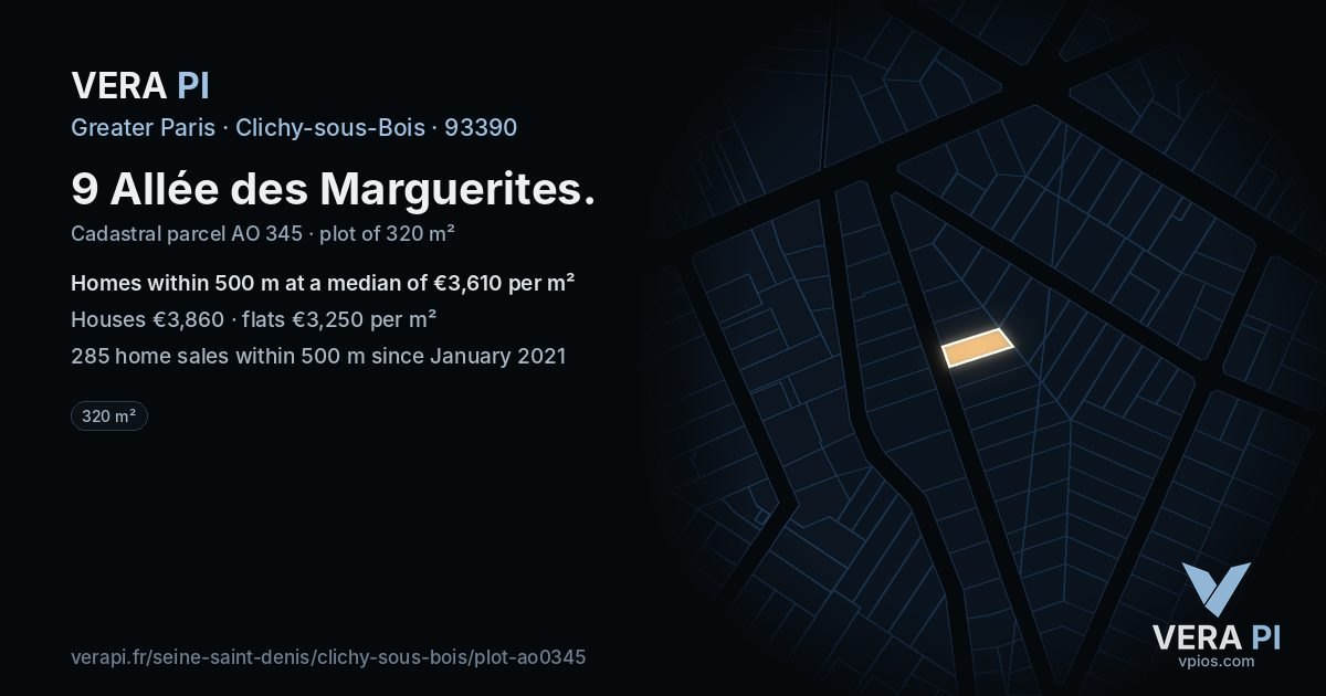 9 Allée des Marguerites, Clichy-sous-Bois at night – the plot lit, the parcels around coloured by the prices near them