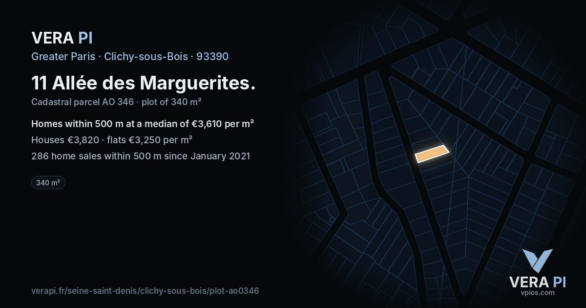 11 Allée des Marguerites, Clichy-sous-Bois at night – the plot lit, the parcels around coloured by the prices near them