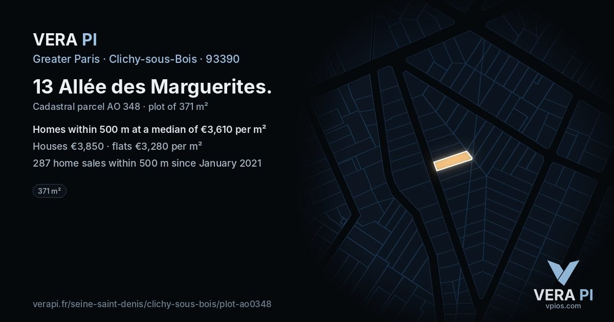 13 Allée des Marguerites, Clichy-sous-Bois at night – the plot lit, the parcels around coloured by the prices near them