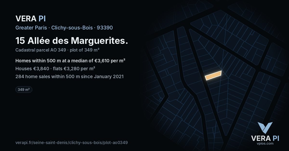 15 Allée des Marguerites, Clichy-sous-Bois at night – the plot lit, the parcels around coloured by the prices near them
