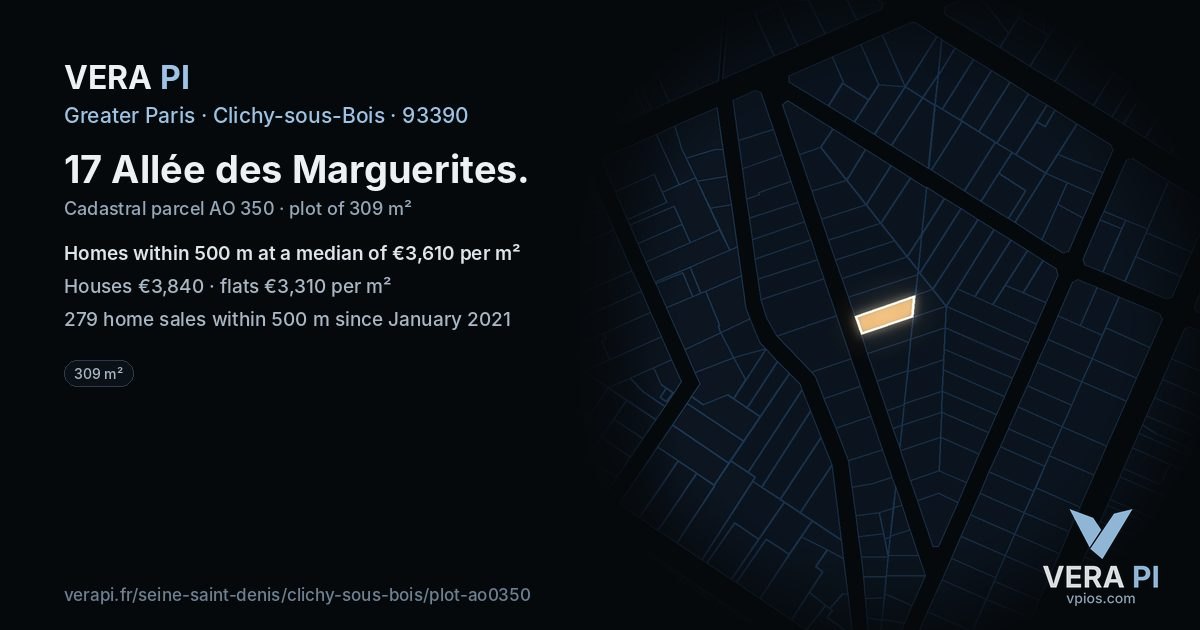 17 Allée des Marguerites, Clichy-sous-Bois at night – the plot lit, the parcels around coloured by the prices near them