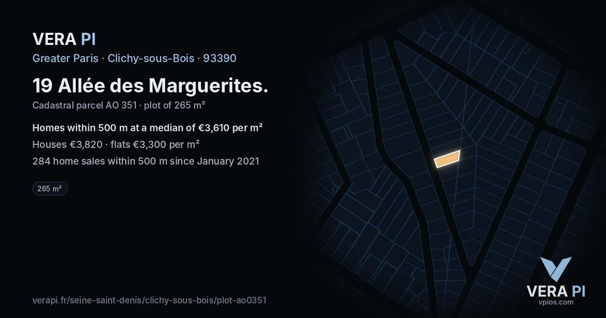 19 Allée des Marguerites, Clichy-sous-Bois at night – the plot lit, the parcels around coloured by the prices near them