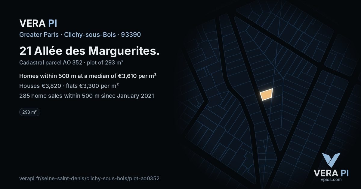 21 Allée des Marguerites, Clichy-sous-Bois at night – the plot lit, the parcels around coloured by the prices near them