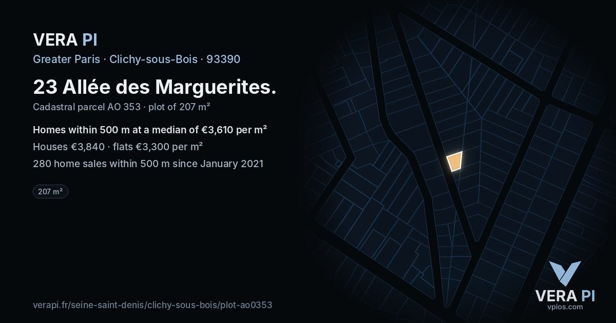 23 Allée des Marguerites, Clichy-sous-Bois at night – the plot lit, the parcels around coloured by the prices near them