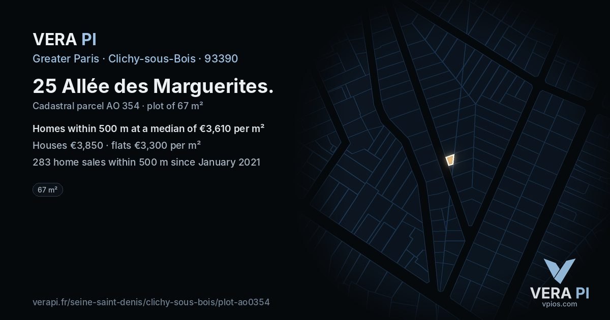 25 Allée des Marguerites, Clichy-sous-Bois at night – the plot lit, the parcels around coloured by the prices near them
