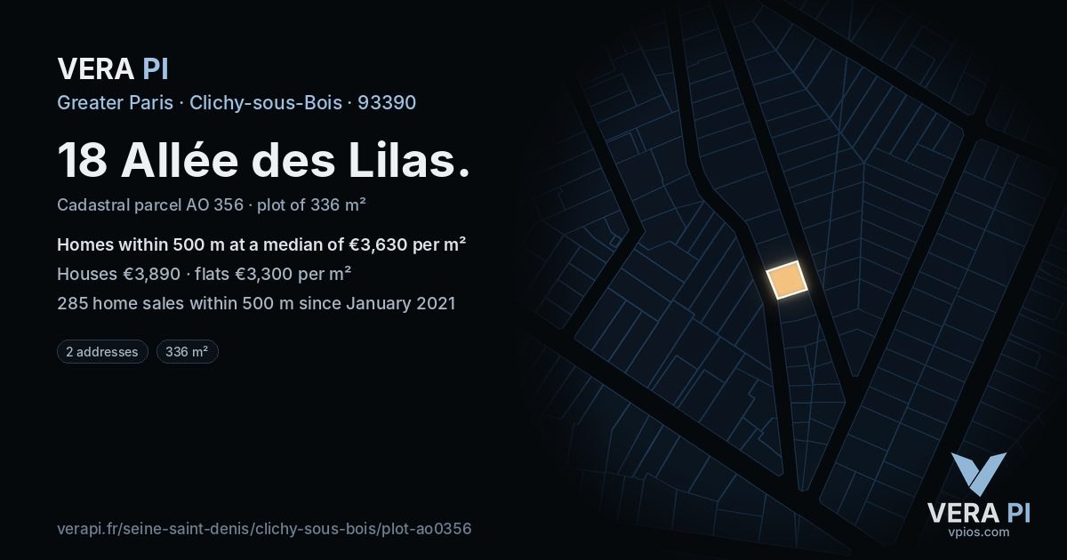 18 Allée des Lilas, Clichy-sous-Bois at night – the plot lit, the parcels around coloured by the prices near them