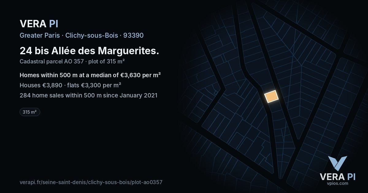 24 bis Allée des Marguerites, Clichy-sous-Bois at night – the plot lit, the parcels around coloured by the prices near them