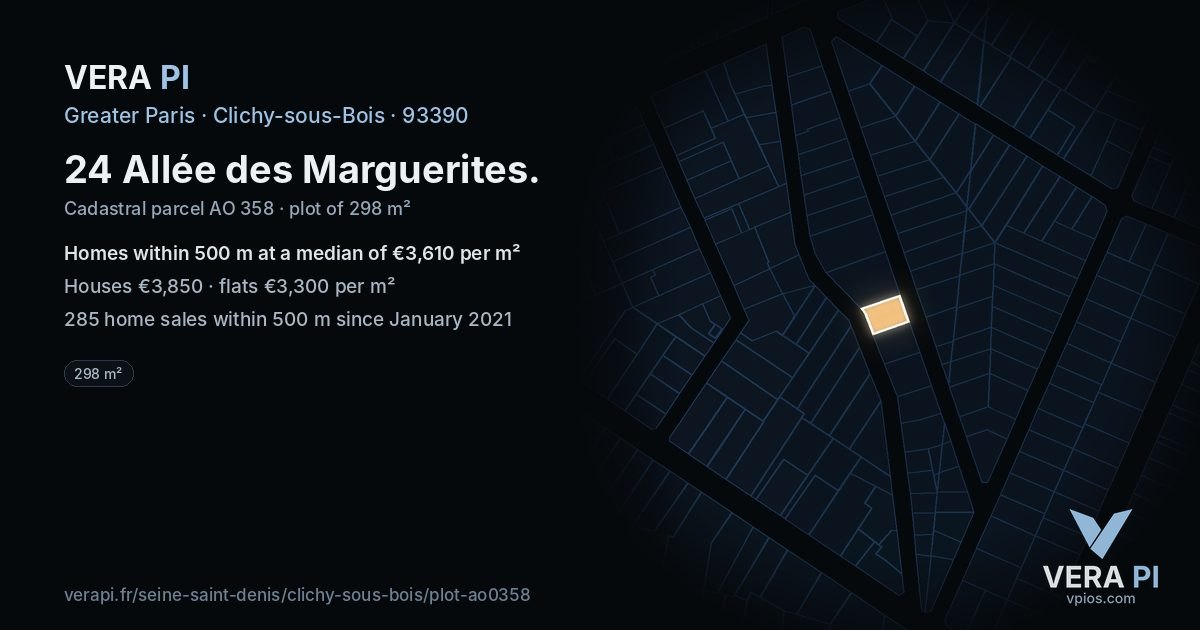 24 Allée des Marguerites, Clichy-sous-Bois at night – the plot lit, the parcels around coloured by the prices near them