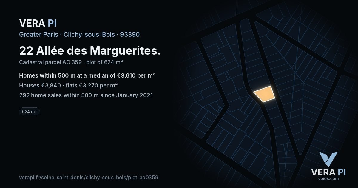 22 Allée des Marguerites, Clichy-sous-Bois at night – the plot lit, the parcels around coloured by the prices near them