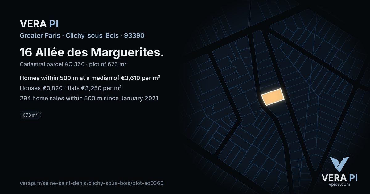 16 Allée des Marguerites, Clichy-sous-Bois at night – the plot lit, the parcels around coloured by the prices near them