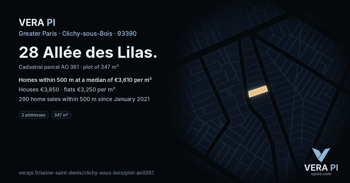 28 Allée des Lilas, Clichy-sous-Bois at night – the plot lit, the parcels around coloured by the prices near them