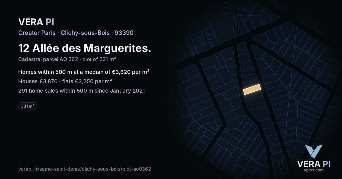 12 Allée des Marguerites, Clichy-sous-Bois at night – the plot lit, the parcels around coloured by the prices near them