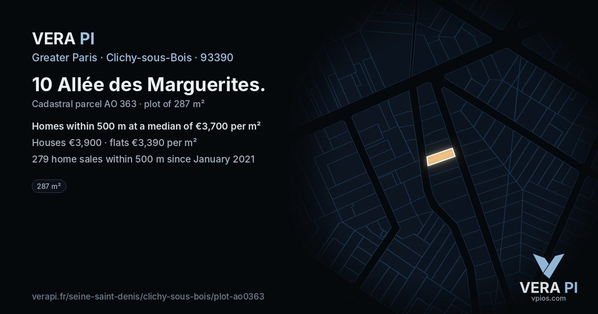 10 Allée des Marguerites, Clichy-sous-Bois at night – the plot lit, the parcels around coloured by the prices near them