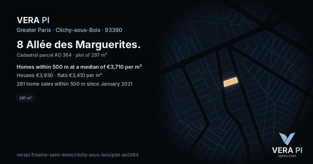 8 Allée des Marguerites, Clichy-sous-Bois at night – the plot lit, the parcels around coloured by the prices near them