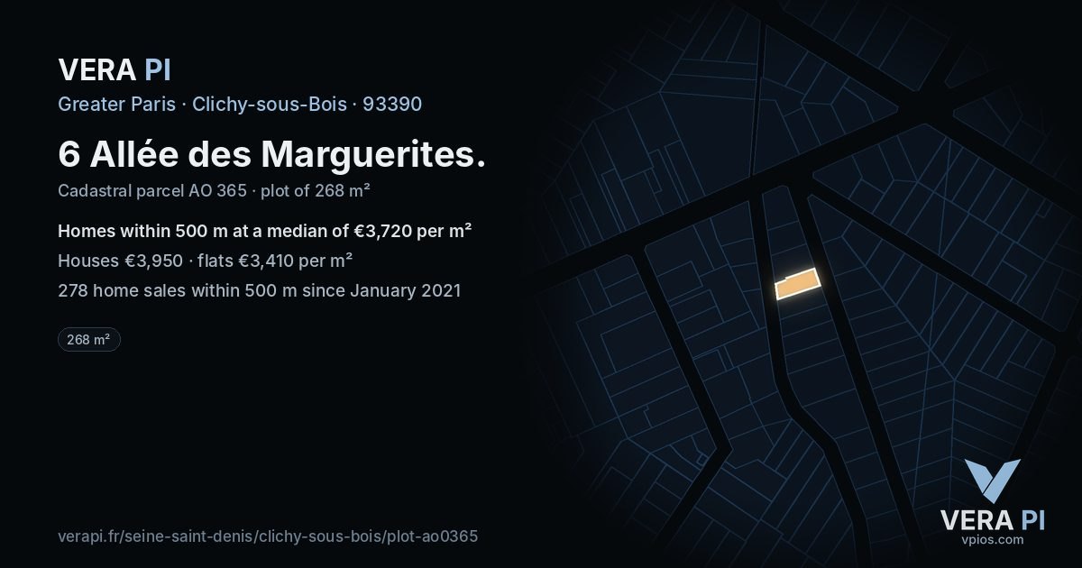 6 Allée des Marguerites, Clichy-sous-Bois at night – the plot lit, the parcels around coloured by the prices near them