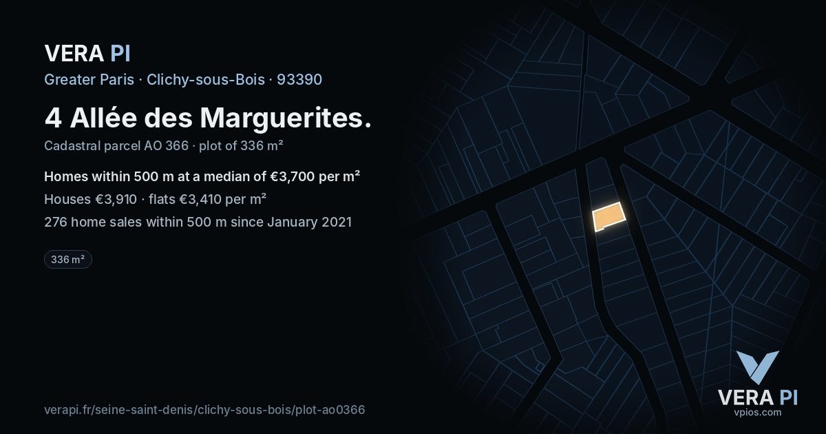 4 Allée des Marguerites, Clichy-sous-Bois at night – the plot lit, the parcels around coloured by the prices near them