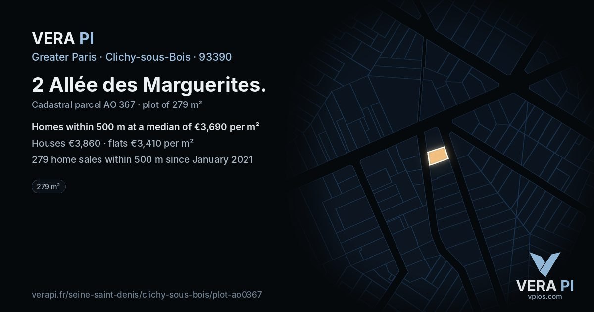 2 Allée des Marguerites, Clichy-sous-Bois at night – the plot lit, the parcels around coloured by the prices near them