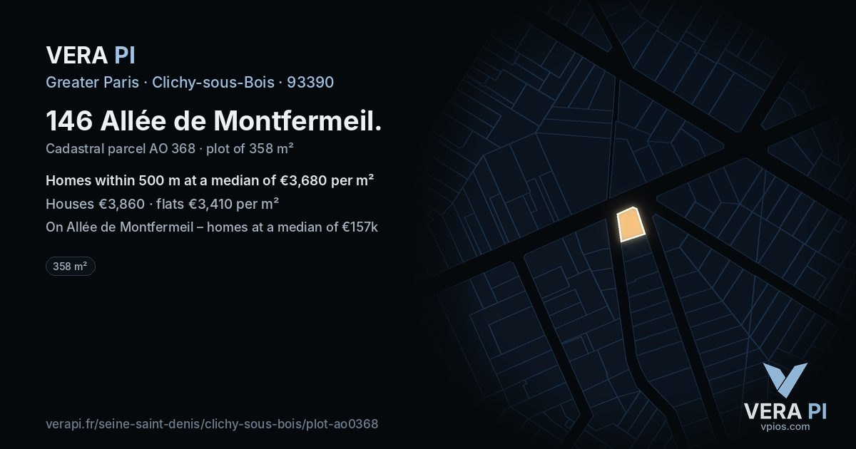 146 Allée de Montfermeil, Clichy-sous-Bois at night – the plot lit, the parcels around coloured by the prices near them