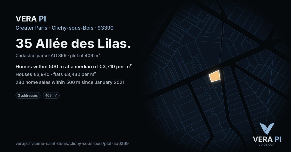 35 Allée des Lilas, Clichy-sous-Bois at night – the plot lit, the parcels around coloured by the prices near them