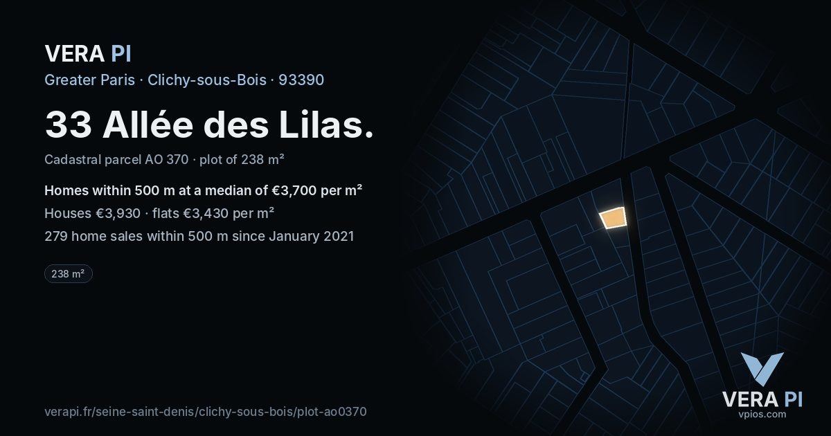 33 Allée des Lilas, Clichy-sous-Bois at night – the plot lit, the parcels around coloured by the prices near them