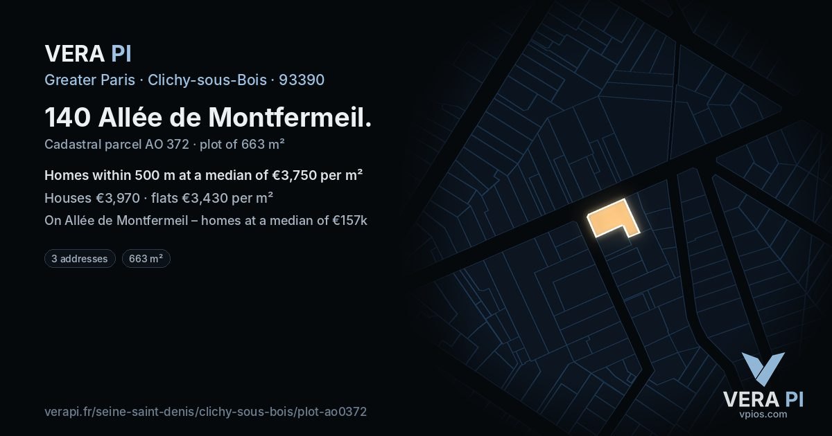 140 Allée de Montfermeil, Clichy-sous-Bois at night – the plot lit, the parcels around coloured by the prices near them