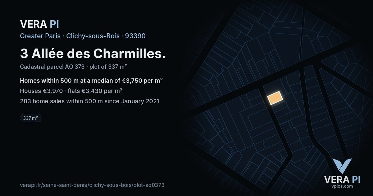 3 Allée des Charmilles, Clichy-sous-Bois at night – the plot lit, the parcels around coloured by the prices near them