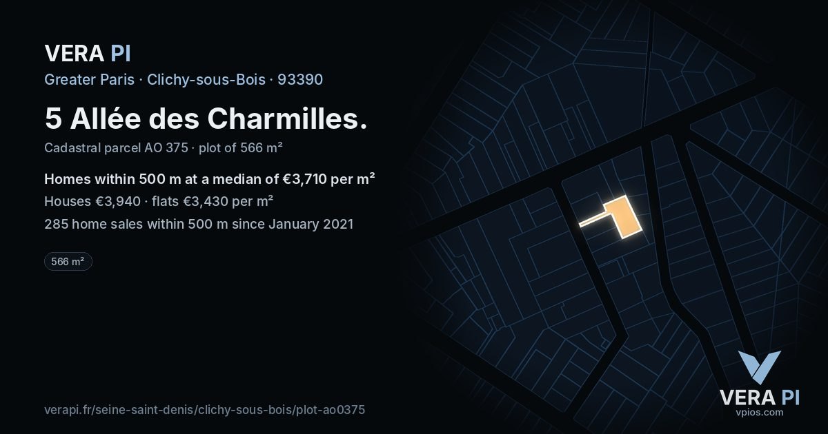 5 Allée des Charmilles, Clichy-sous-Bois at night – the plot lit, the parcels around coloured by the prices near them
