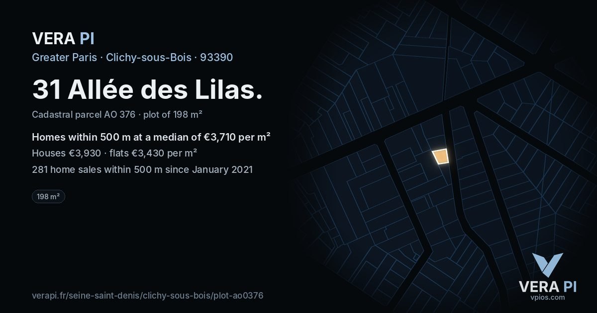 31 Allée des Lilas, Clichy-sous-Bois at night – the plot lit, the parcels around coloured by the prices near them
