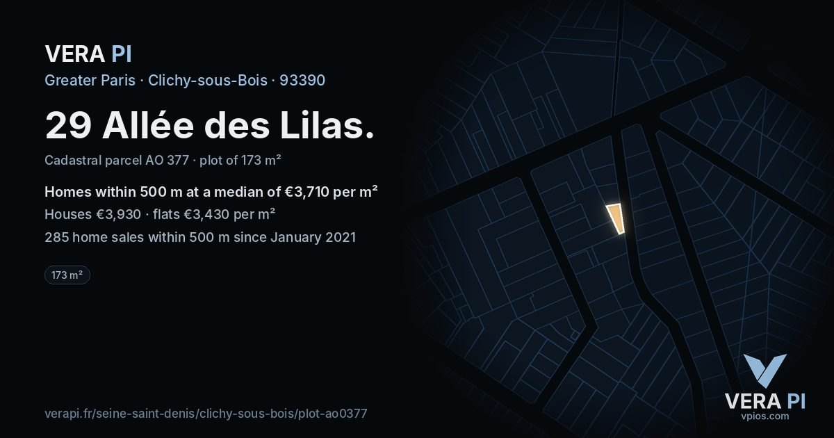 29 Allée des Lilas, Clichy-sous-Bois at night – the plot lit, the parcels around coloured by the prices near them