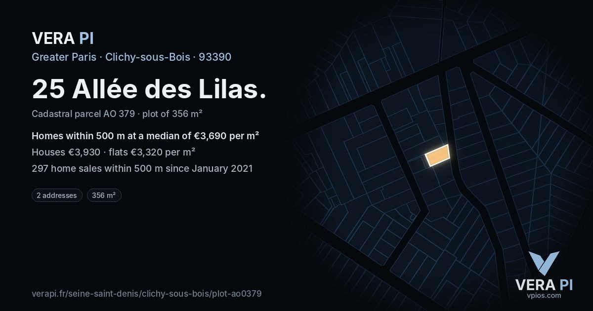 25 Allée des Lilas, Clichy-sous-Bois at night – the plot lit, the parcels around coloured by the prices near them
