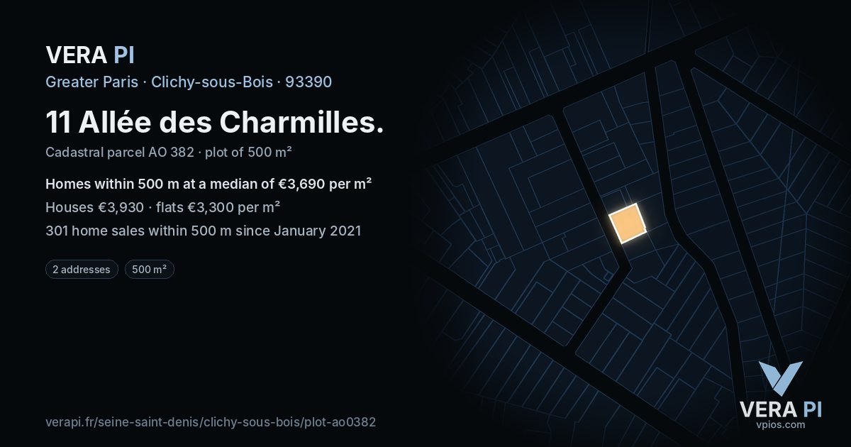 11 Allée des Charmilles, Clichy-sous-Bois at night – the plot lit, the parcels around coloured by the prices near them