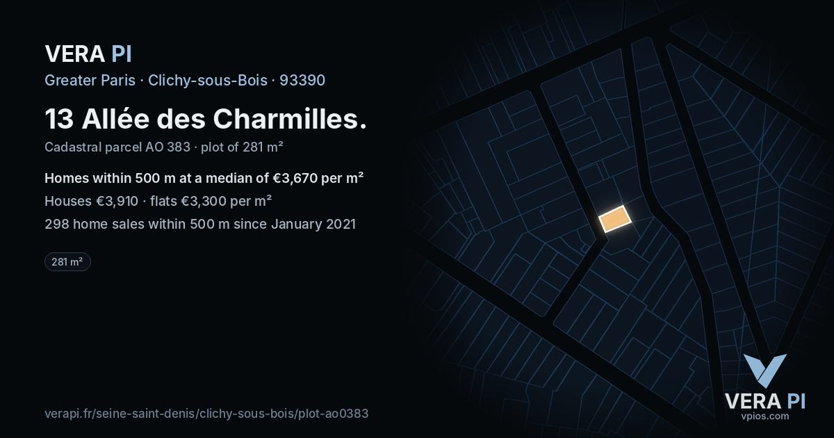 13 Allée des Charmilles, Clichy-sous-Bois at night – the plot lit, the parcels around coloured by the prices near them