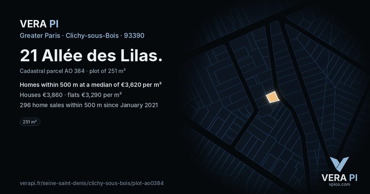 21 Allée des Lilas, Clichy-sous-Bois at night – the plot lit, the parcels around coloured by the prices near them