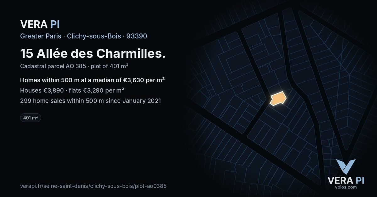 15 Allée des Charmilles, Clichy-sous-Bois at night – the plot lit, the parcels around coloured by the prices near them