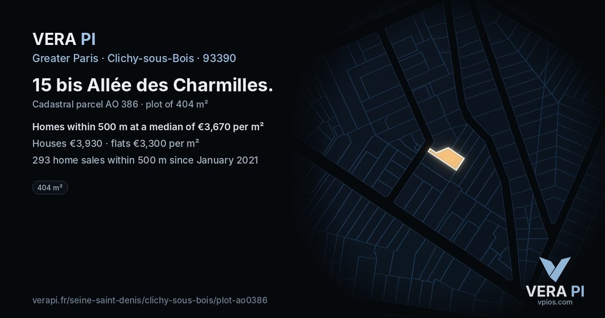 15 bis Allée des Charmilles, Clichy-sous-Bois at night – the plot lit, the parcels around coloured by the prices near them