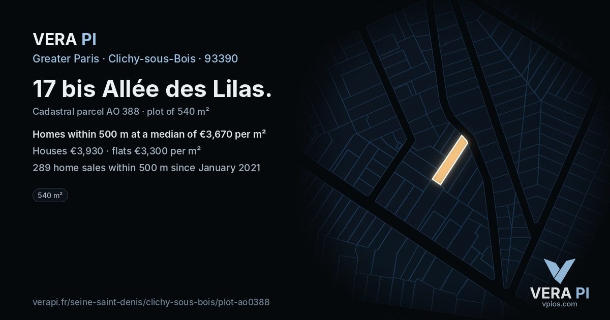 17 bis Allée des Lilas, Clichy-sous-Bois at night – the plot lit, the parcels around coloured by the prices near them