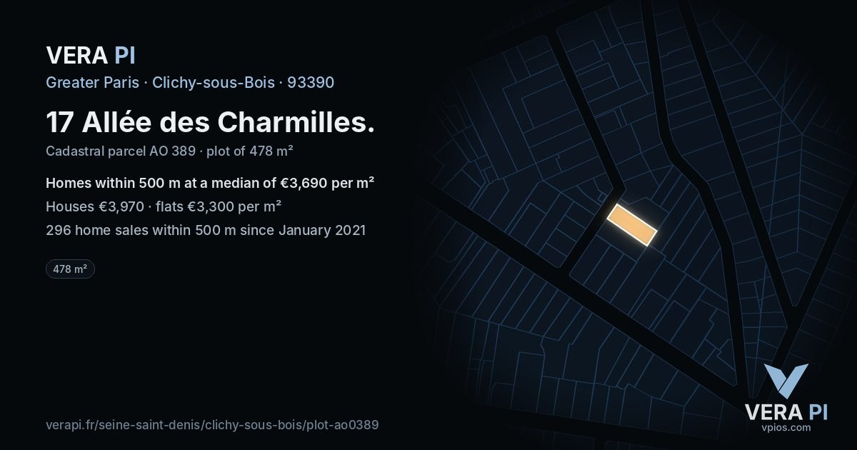 17 Allée des Charmilles, Clichy-sous-Bois at night – the plot lit, the parcels around coloured by the prices near them