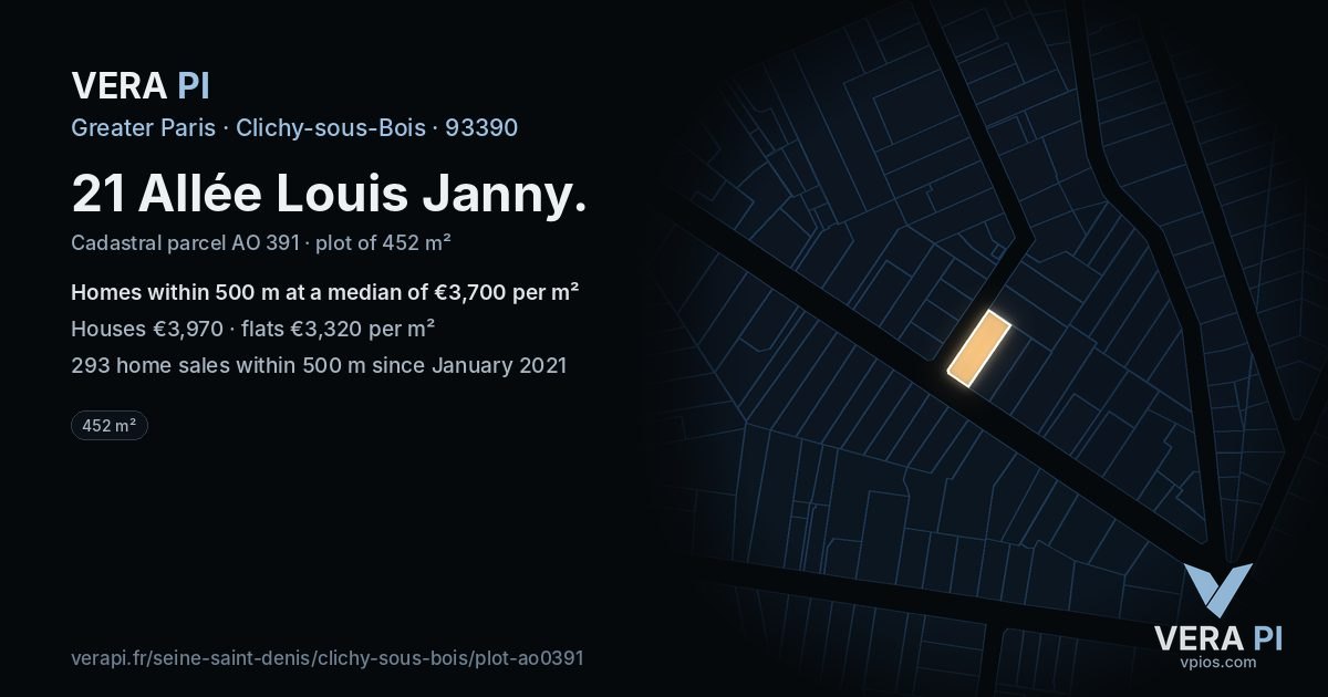 21 Allée Louis Janny, Clichy-sous-Bois at night – the plot lit, the parcels around coloured by the prices near them