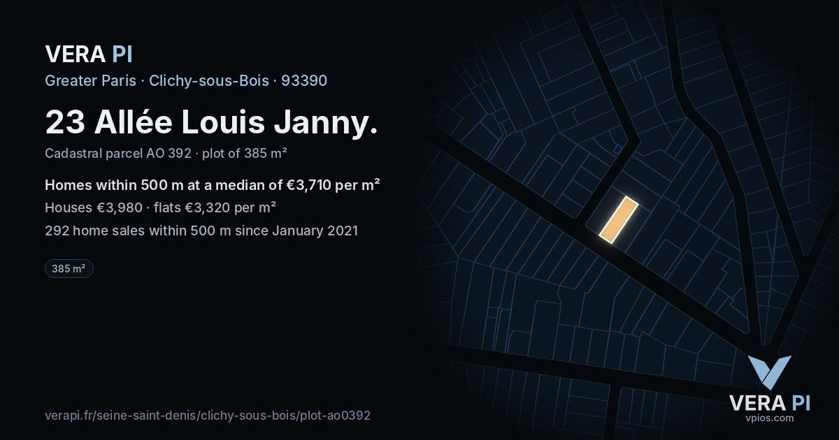23 Allée Louis Janny, Clichy-sous-Bois at night – the plot lit, the parcels around coloured by the prices near them