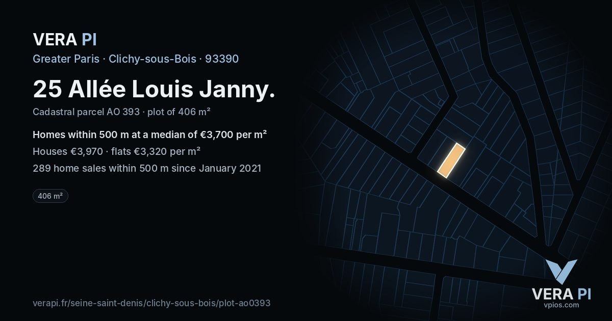 25 Allée Louis Janny, Clichy-sous-Bois at night – the plot lit, the parcels around coloured by the prices near them