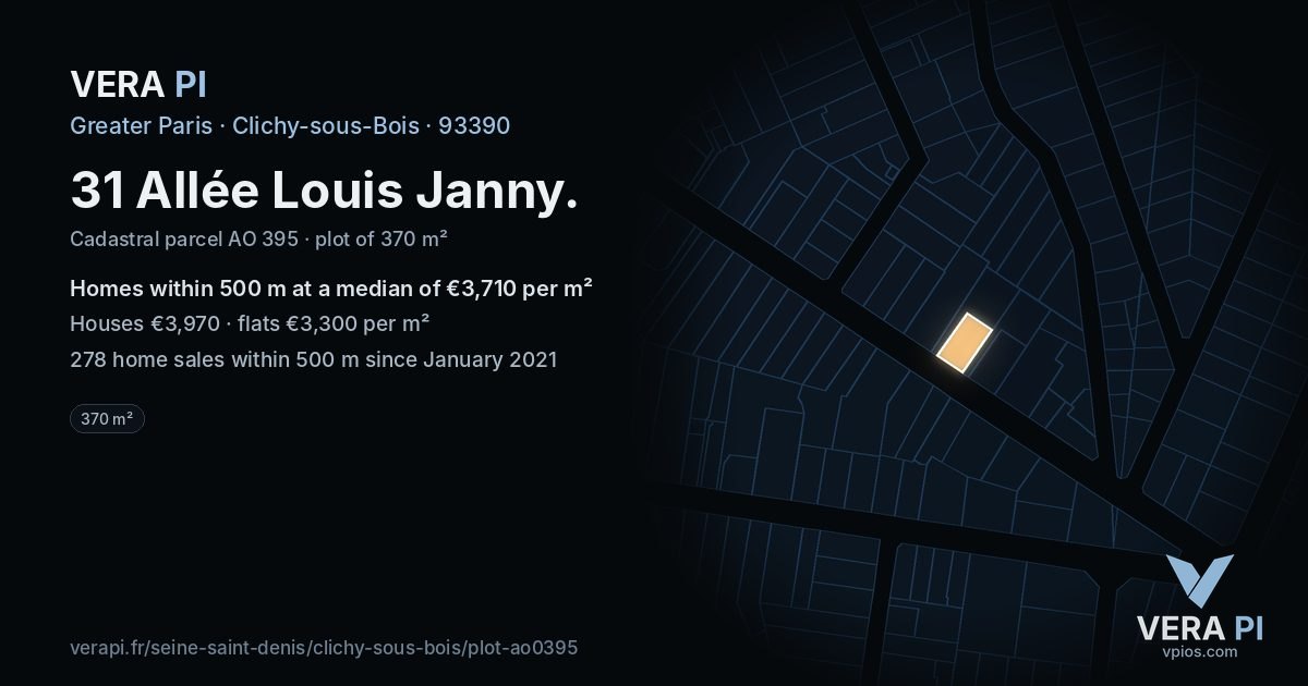 31 Allée Louis Janny, Clichy-sous-Bois at night – the plot lit, the parcels around coloured by the prices near them
