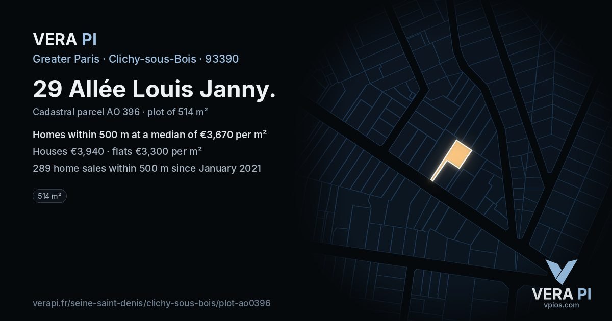 29 Allée Louis Janny, Clichy-sous-Bois at night – the plot lit, the parcels around coloured by the prices near them